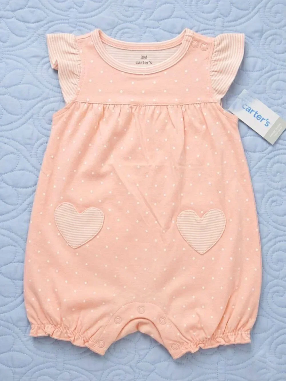 NWT Carter's Sweet Baby Girl Heart Pocket Romper - Pink/White - 6 Months - Picture 2 of 10